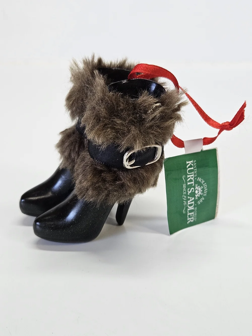 NEW Kurt S. Adler Faux Fur Black High Heel Boot Ornament Holiday